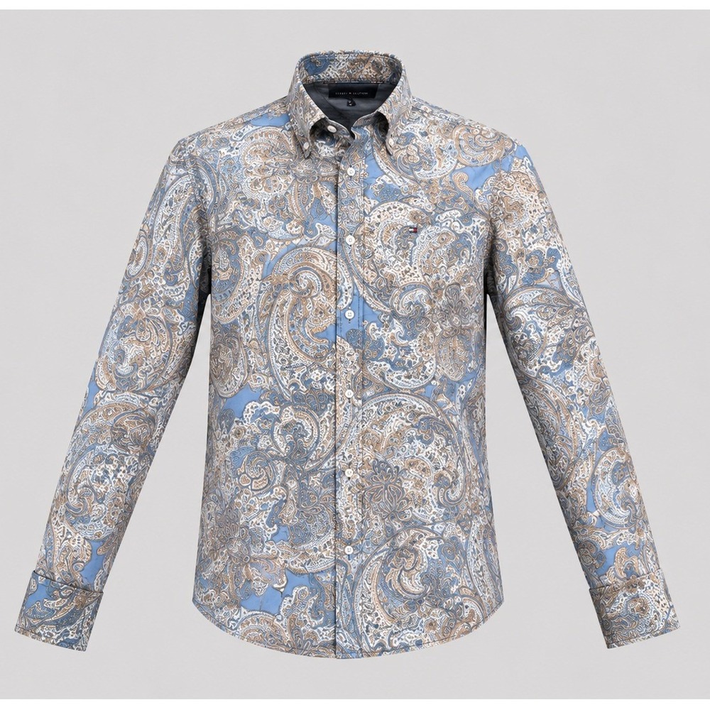 Tommy Hilfiger Womens Blue Paisley Cotton Button Down Shirt Roll Tab Sleeve S